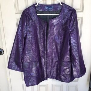 Susan Graver Style Jacket Purple SzL Zip Front Round Neck Faux Leather Pre-Owned